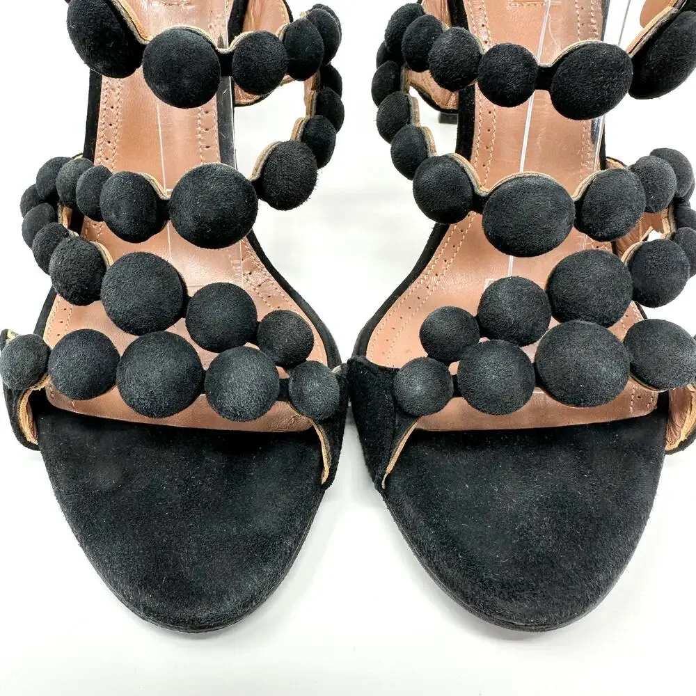 Alaia Bombe Heels Sandals Shoes Black Suede Ankle Strap EU 37 US 6.5